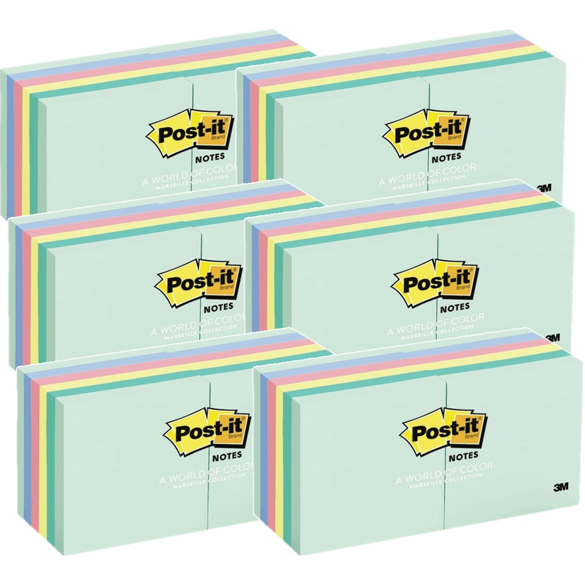 6 Pack Post-It Sticky Notes 76x76mm Square Marseille Pack 12 Pads