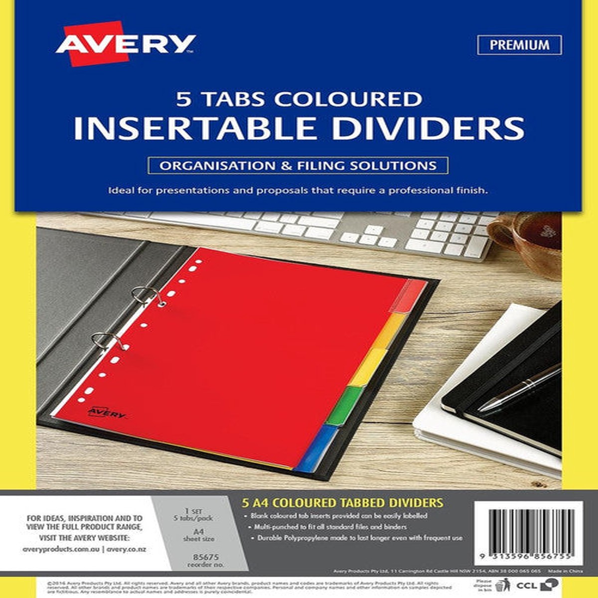 Avery Multi-Coloured Polypropylene Insertable Dividers 5 Tabs