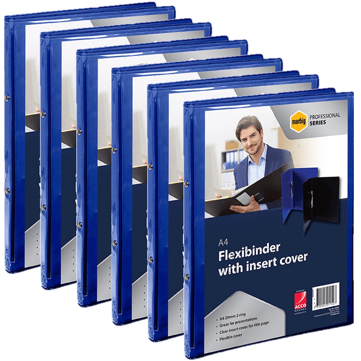 6 Pack Marbig Flexibinder 2 Ring 20mm A4 Clear Cover Blue Folder BULK