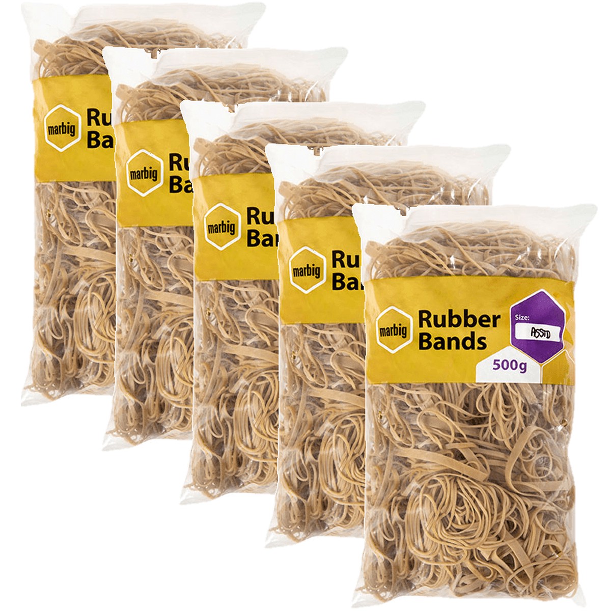 5 Pack Marbig Rubber Bands Assorted Sizes 500G Bulk