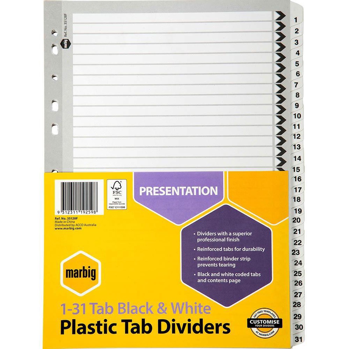 Marbig Divider 31-Tab A4 Black/White