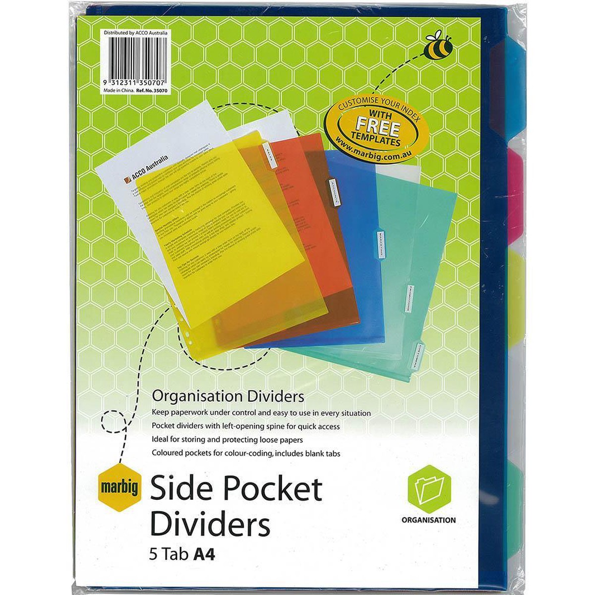 Marbig Divider Side Pocket Pp 5-Tab A4 Assorted