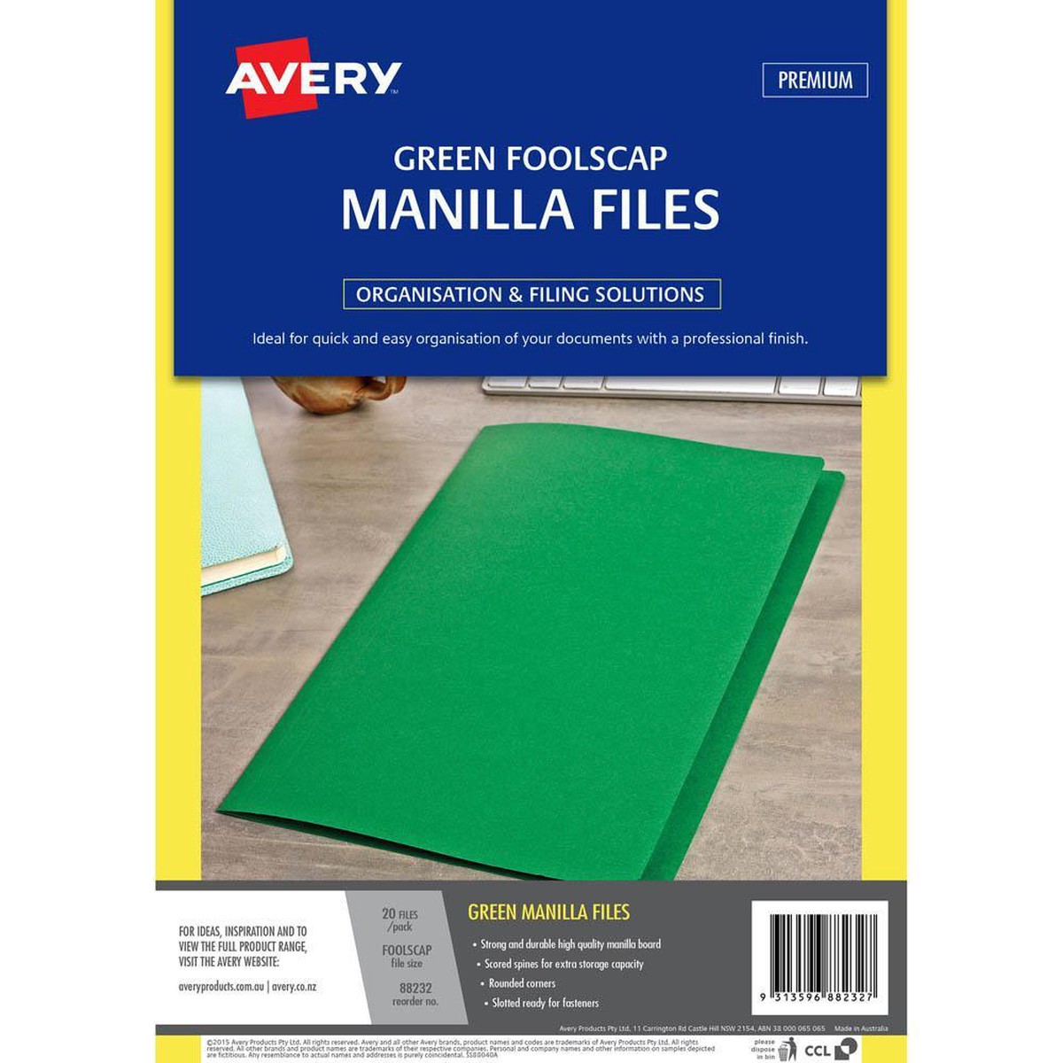 Avery 88232 Manilla Folder Foolscap Green Pack 20
