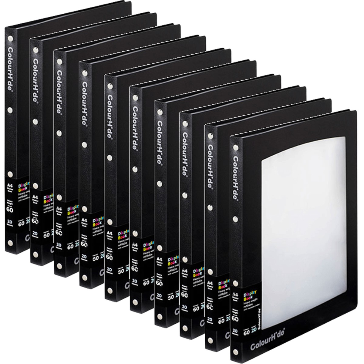 Colourhide Refillable Display Book 20 Pockets Medium Weight A4 Black/Clear 10 Pack