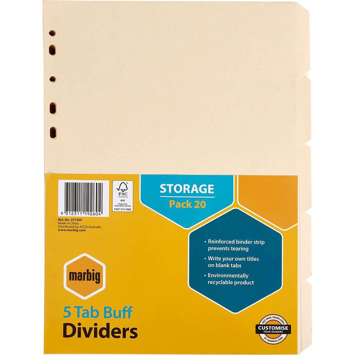 Marbig Divider Manilla 5-Tab Storage A4 Buff Pack 20