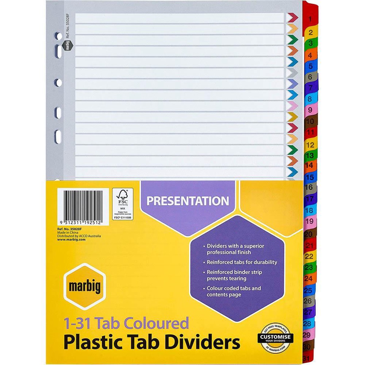 Marbig Index Divider Manilla 1-31 Tab A4 Assorted