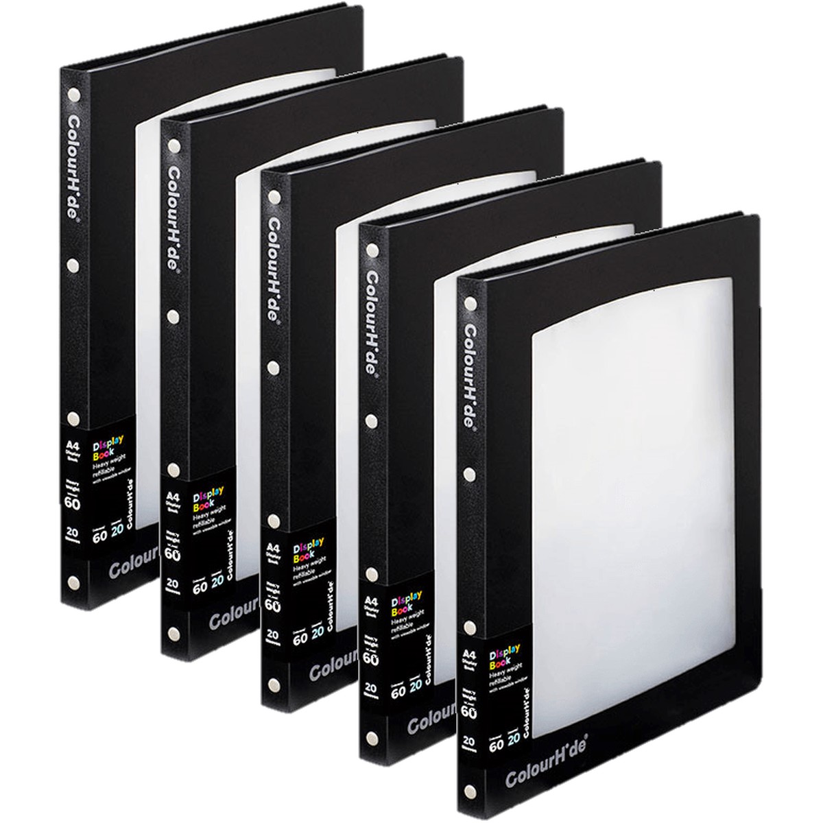 Colourhide Refillable Display Book 20 Pockets Medium Weight A4 Black/Clear Pack 5