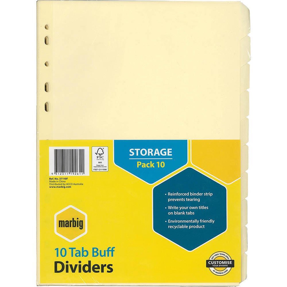 Marbig Divider Manilla 10-Tab A4 Buff Pack 10