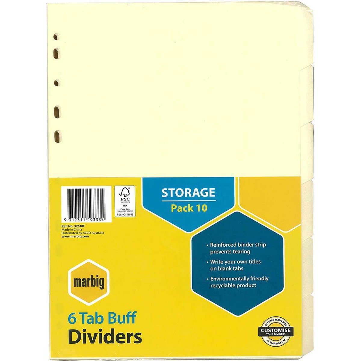Marbig Divider Manilla 6-Tab A4 Buff Pack 10