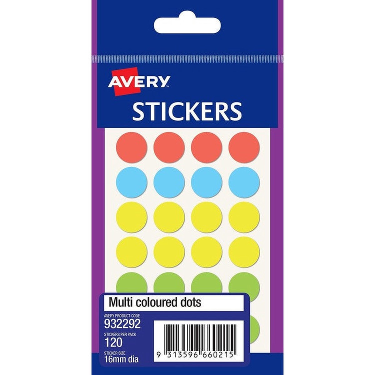 Avery Assorted Dot Stickers 16mm diameter Pack 120