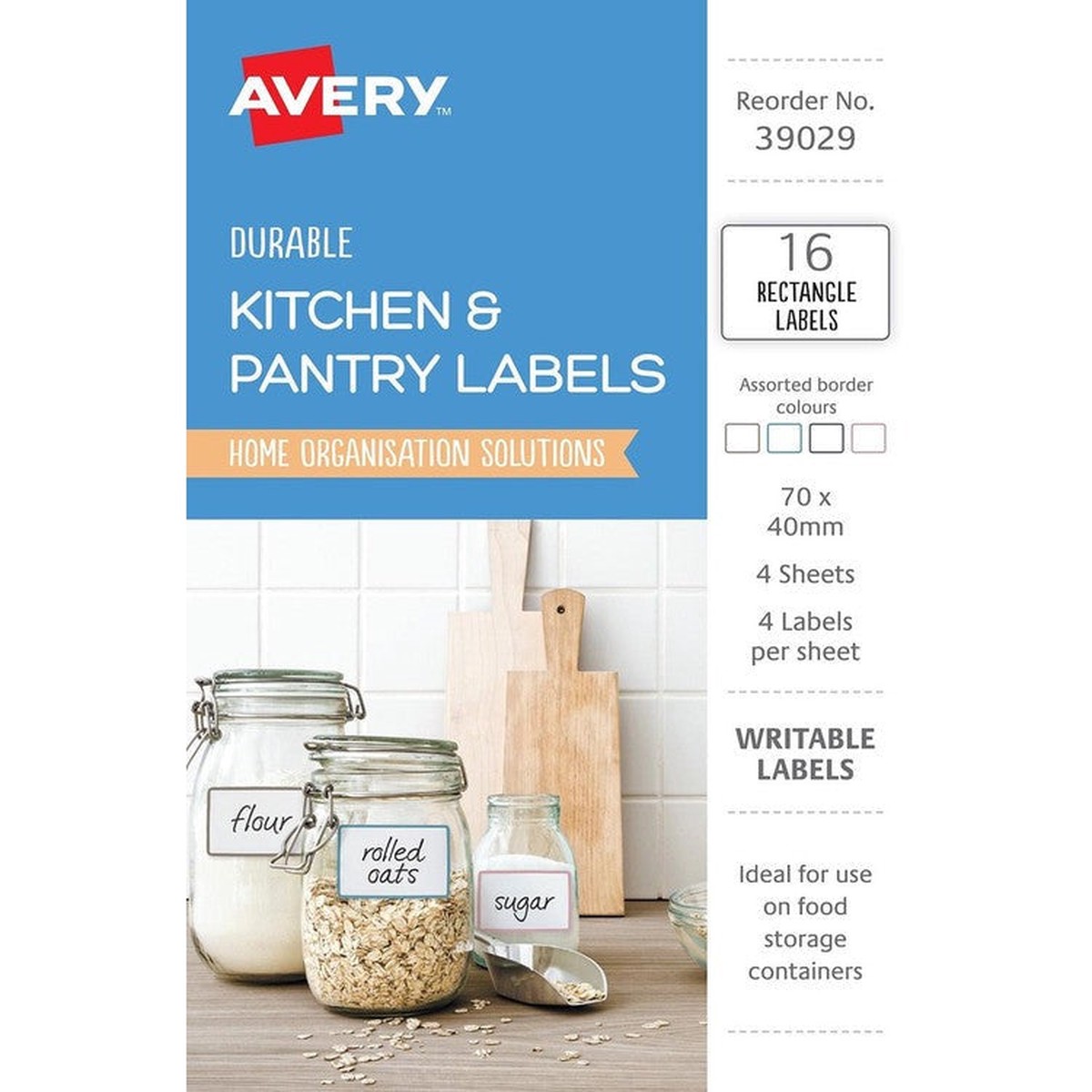 Avery Durable Kitchen Labels 70 x 40mm Rectangle Removable 16 Pack