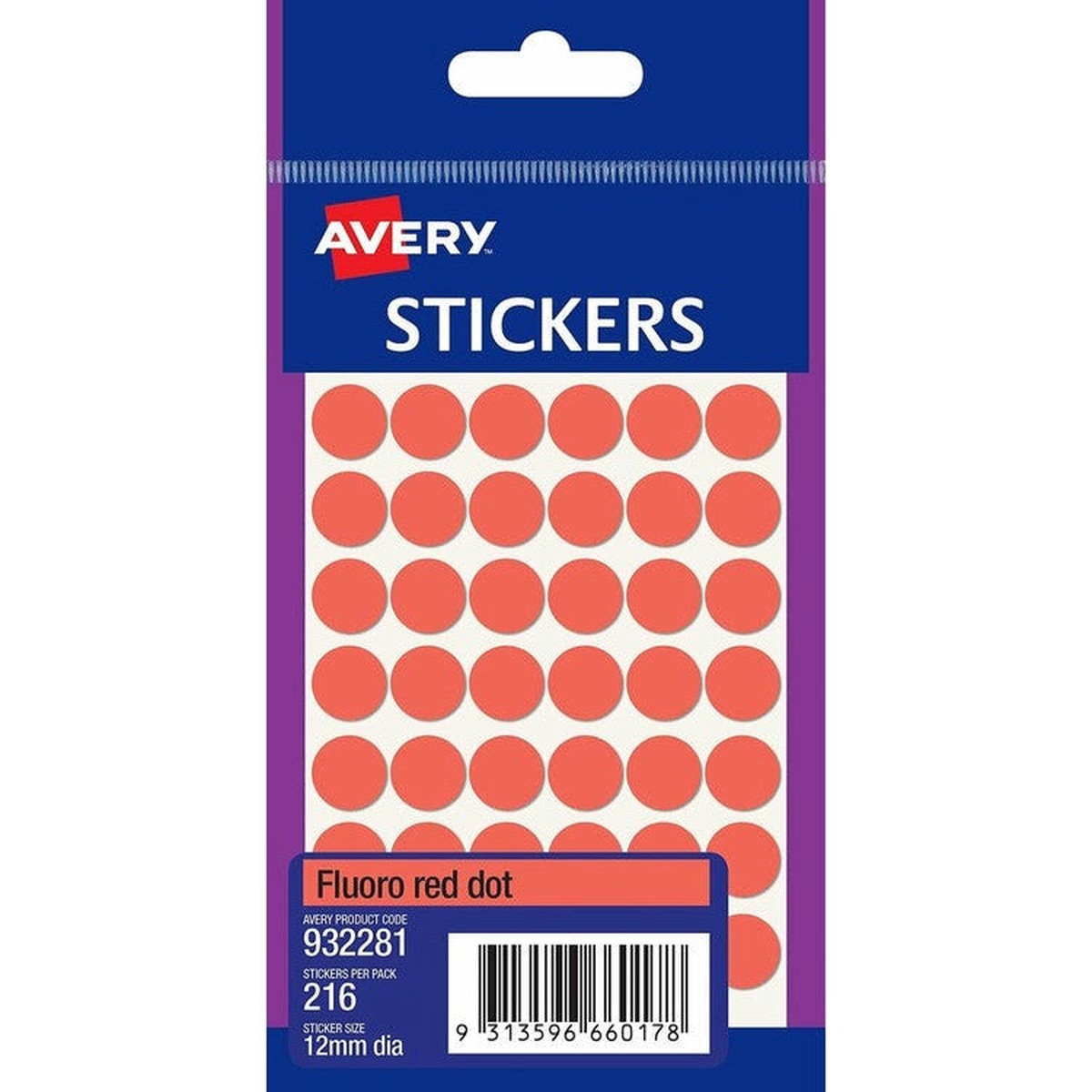 Avery Fluoro Red Dot Stickers 12mm diameter Pack 216