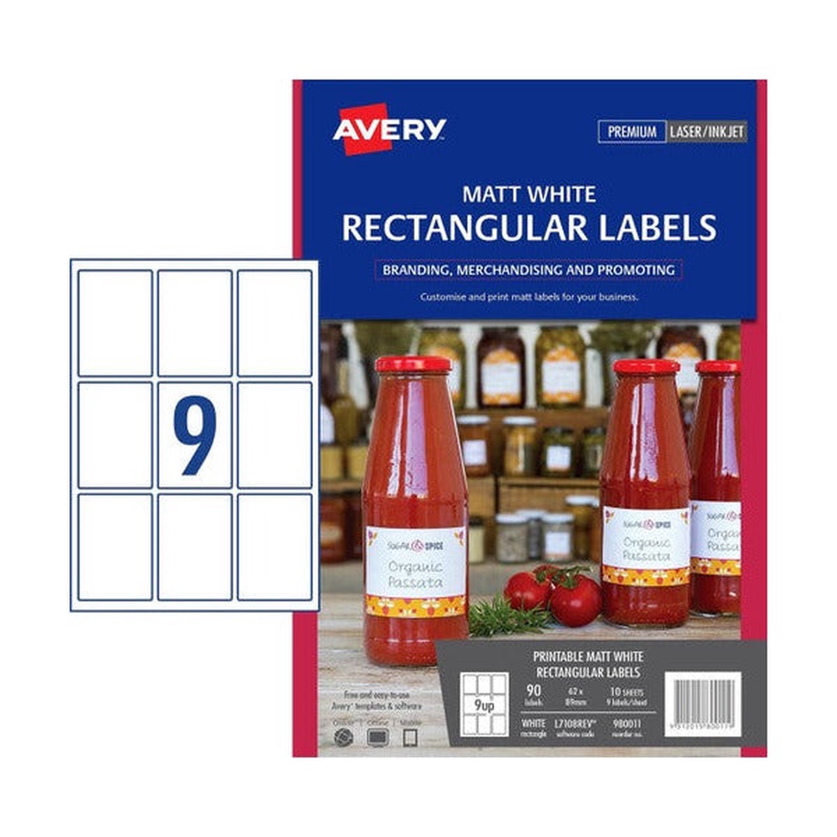 Avery Matt Rectangle Labels L7108REV 62 x 89mm 9UP Pack 90