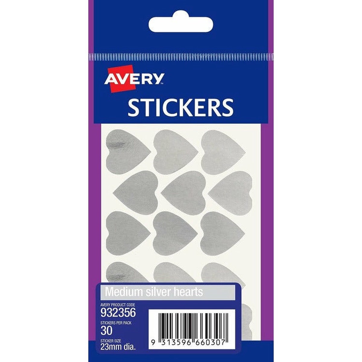 Avery Silver Medium Hearts Multi-Purpose Stickers 23mm Diameter 30 Pack