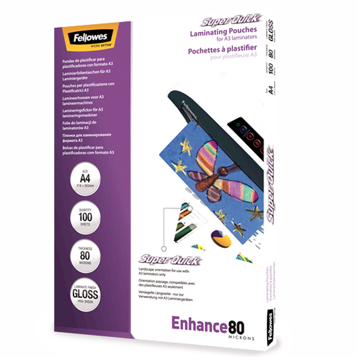 Fellowes SuperQuick Laminating Pouches A4 80mic Gloss Pack 100