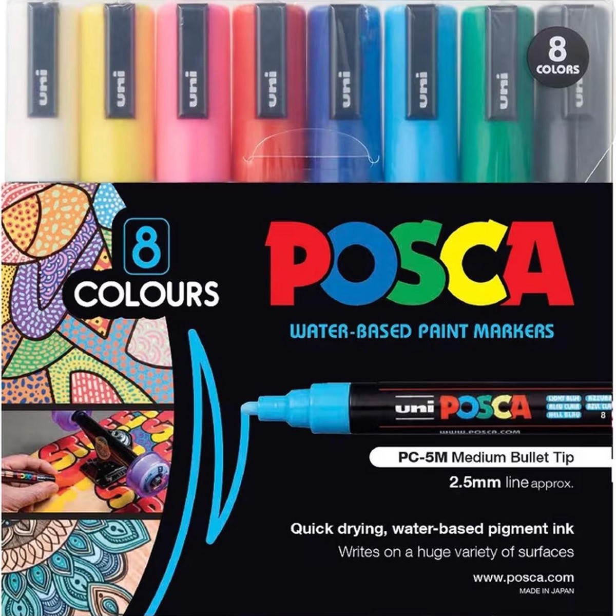 Uni PC-5M Posca Poster Marker Medium Bullet Tip 2.5mm Assorted Pack 8