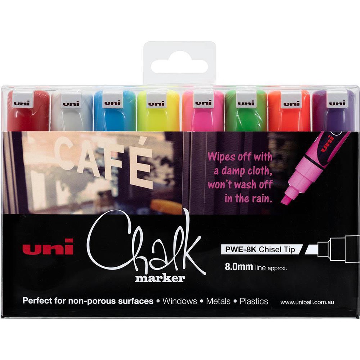 Uni-Ball Chalk Marker Chisel Tip 8mm Assorted Colours Pack 8
