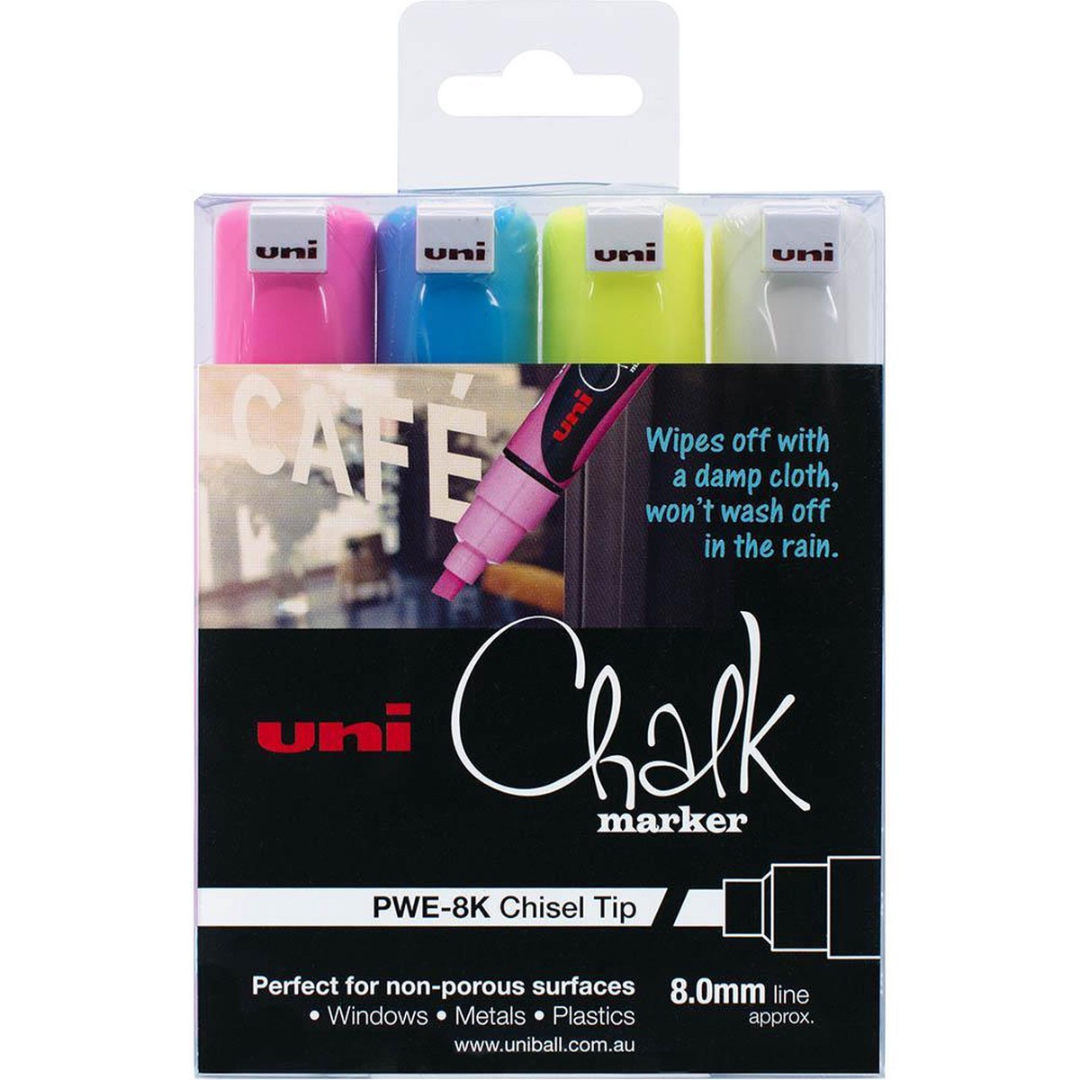 Uni-Ball Chalk Marker Chisel Tip 8Mm Assorted Pack 4