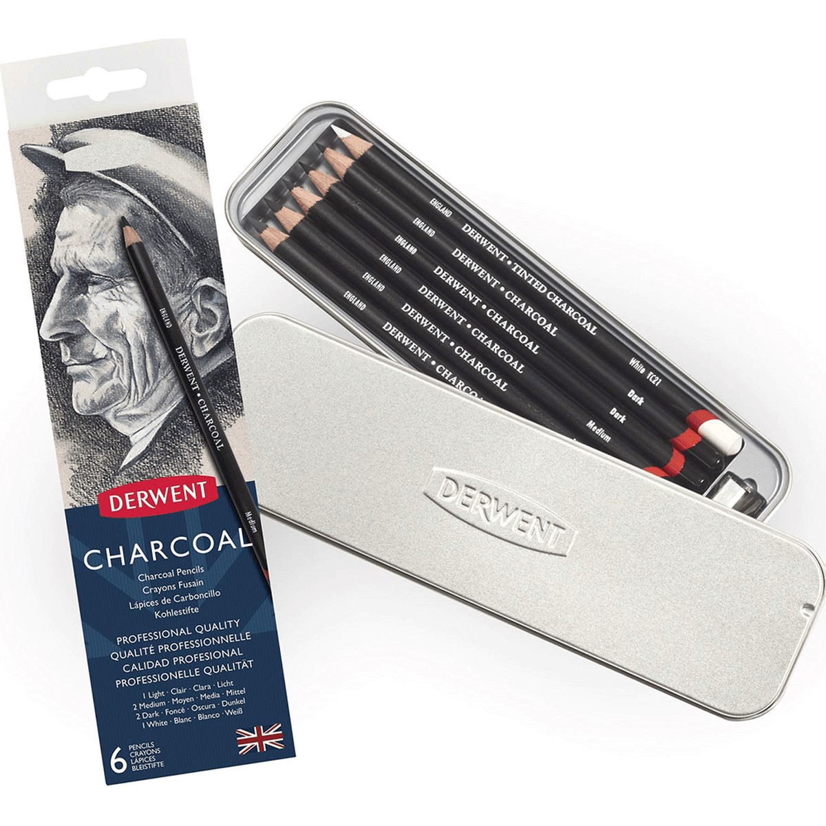 Derwent Charcoal Pencils Assorted Shades Pack 6 + Sharpener