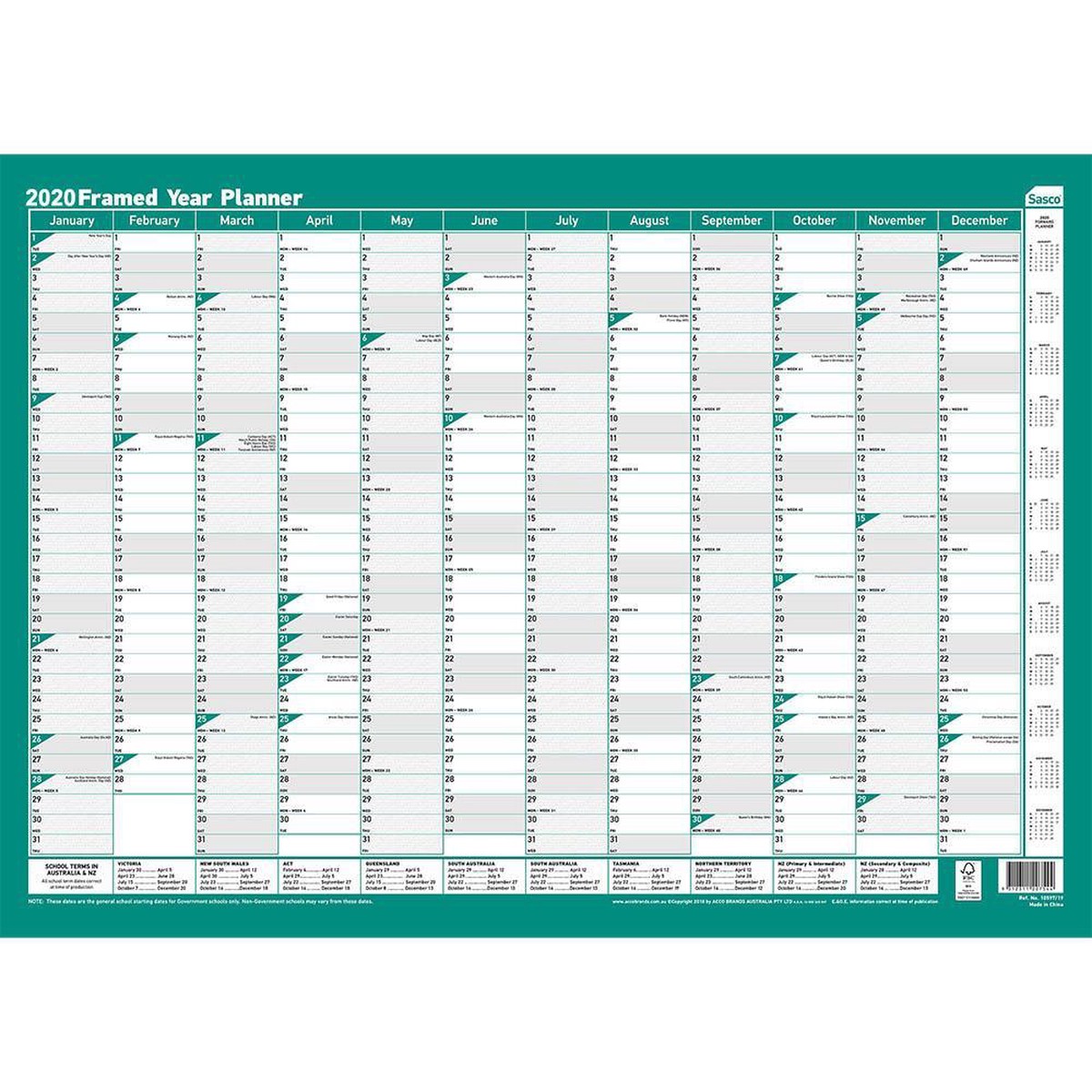 Sasco 2020 Green Wallplanner Erasable