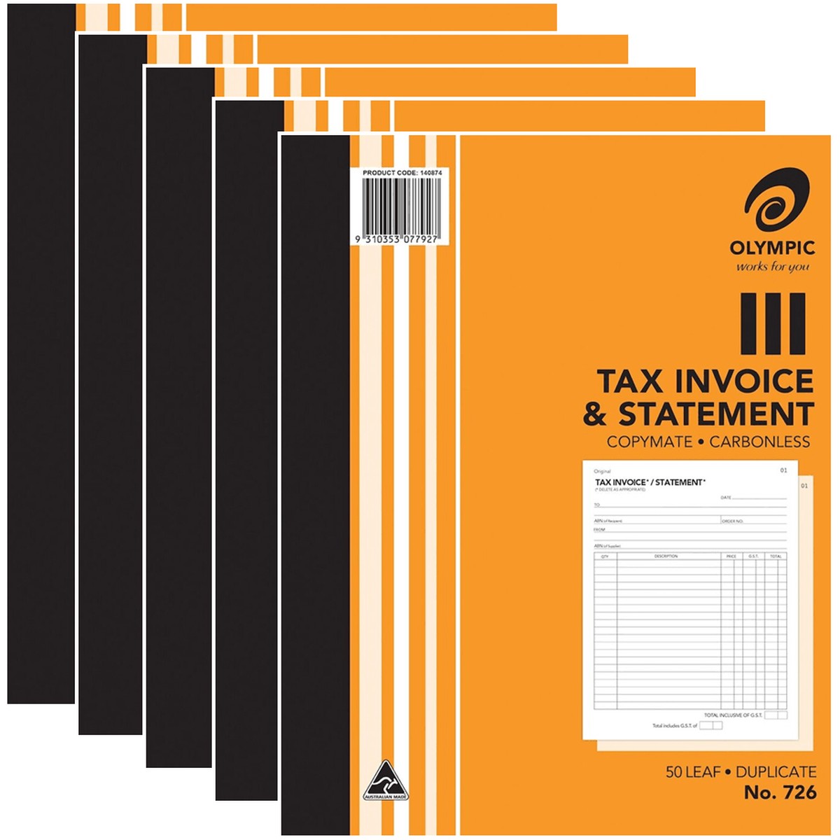 5 Pack Olympic 726 Duplicate Tax Invoice & Statement Book Carbonless Bulk