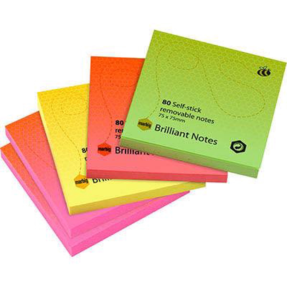 Marbig Brilliant Notes Repositionable 75 X 75Mm Assorted Pack 5